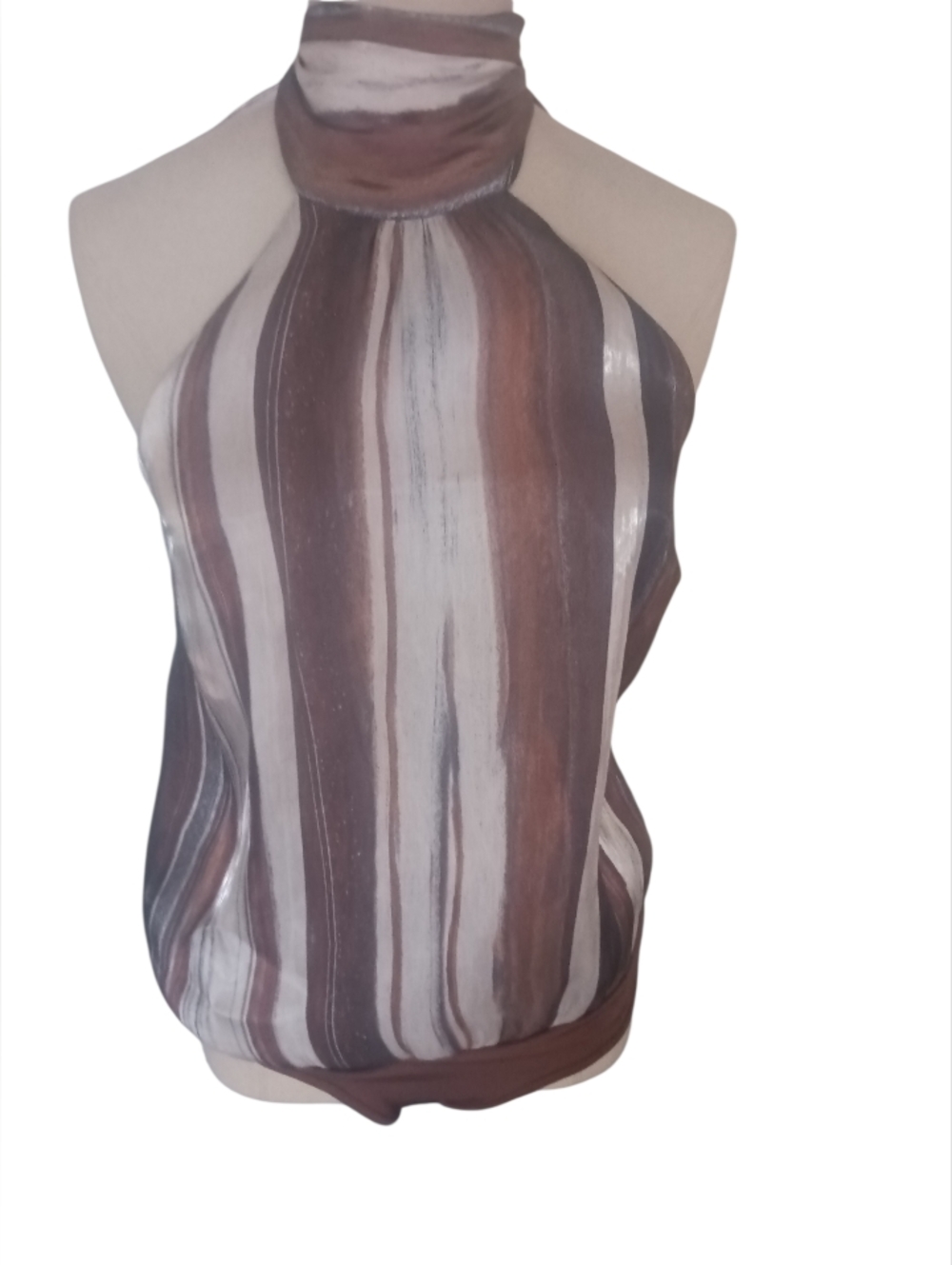 Bebe Brown & White Striped Satin Necktie Bodysuit Draped Size 4 NWT